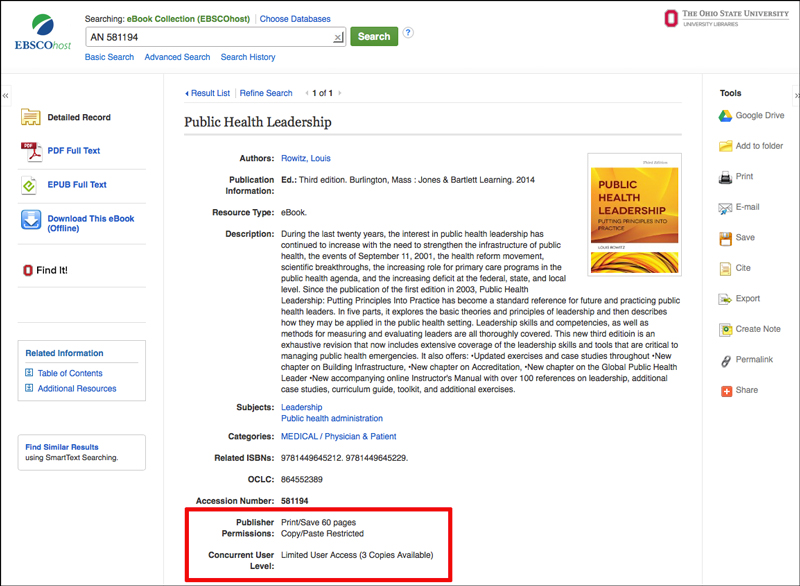 Screenshot of EbscoHost eBook, showing that it is limited to three users at a time, and printing or saving is limited to 60 pages.