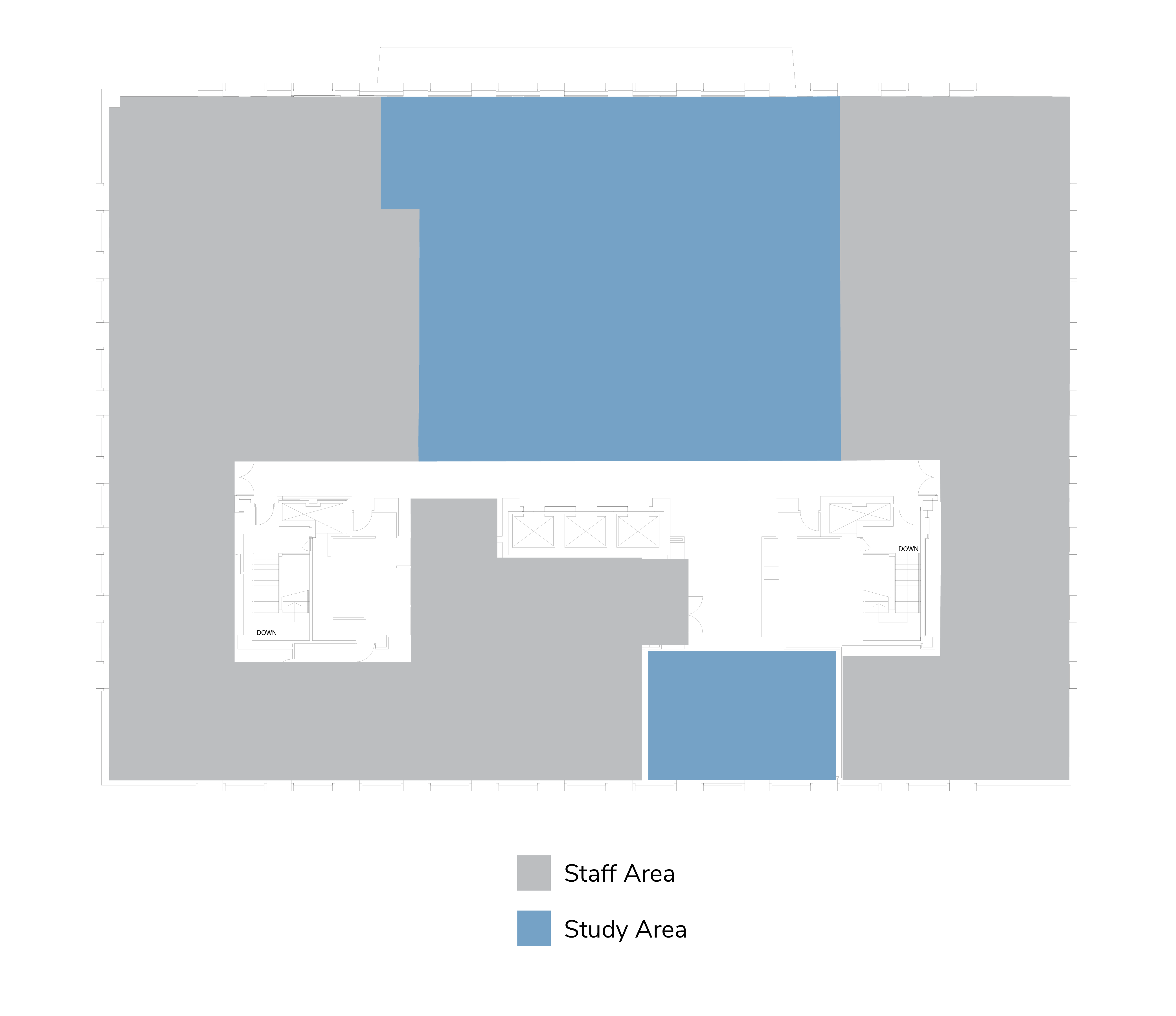 Health Sciences Library fifth floor showing staff and study spaces.
