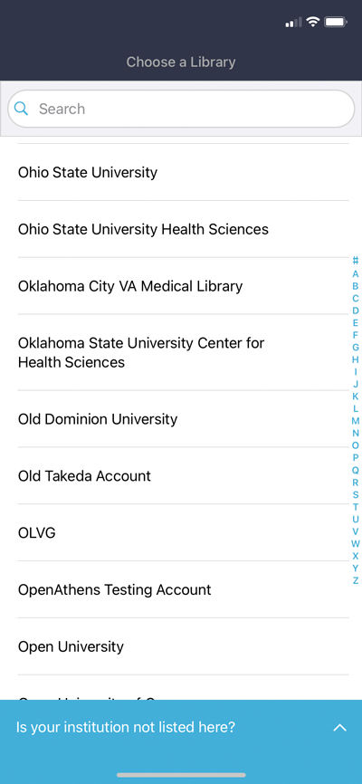 Screenshot of BrowZine mobile app, displaying a list of schools that includes Ohio State University.