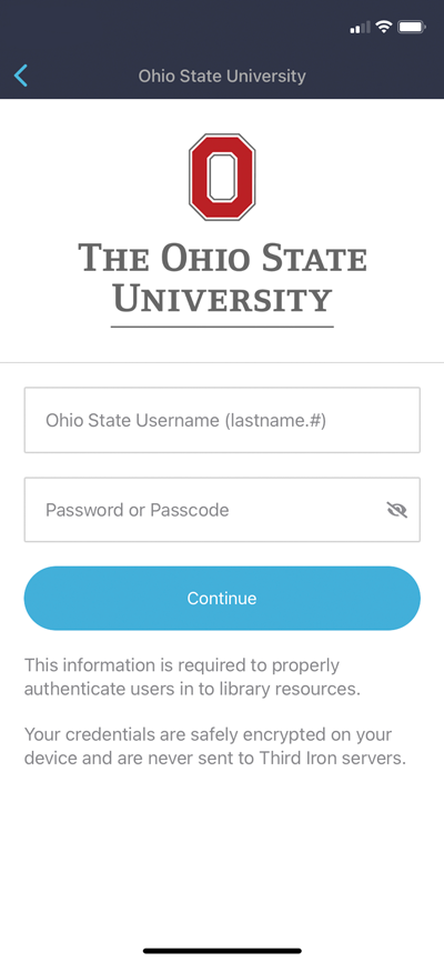 Mobile screenshot of BrowZine app featuring Ohio State University login screen.