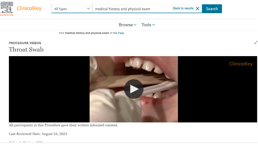 Screenshot of ClinicalKey's educational videos landing page, showing a throat swab video.