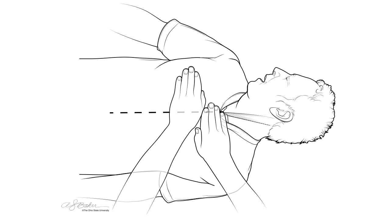 Line drawing of a person lying on their back, hands applying pressure to the chest.