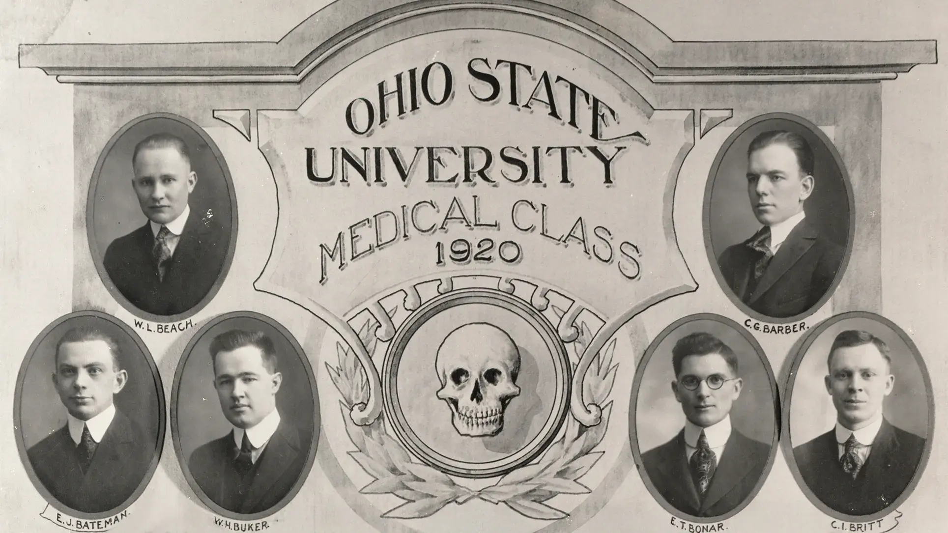 Vintage graduation poster featuring a variety of men and one woman in oval frames.