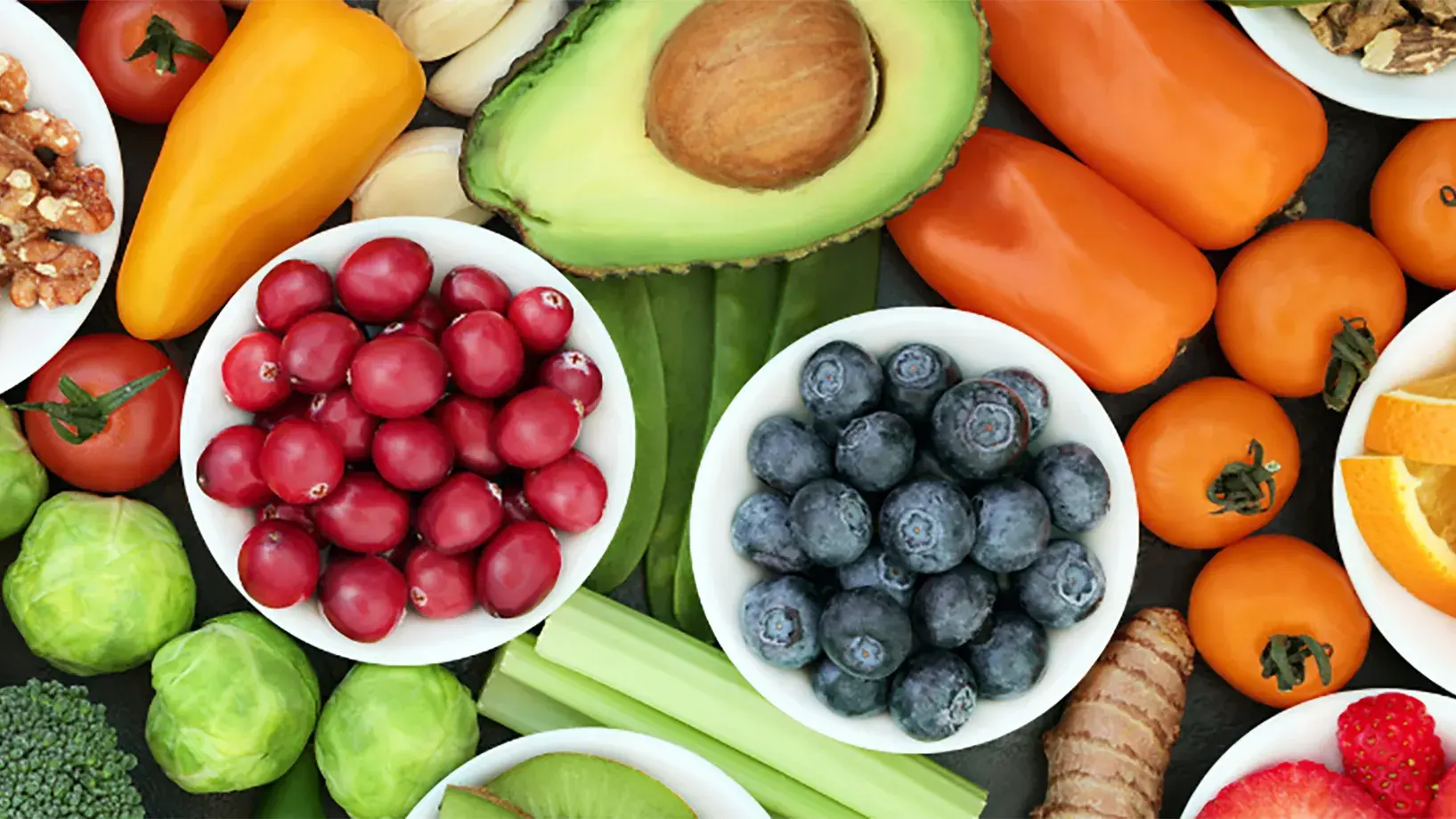 colorful mix of fruits, vegetables and nuts