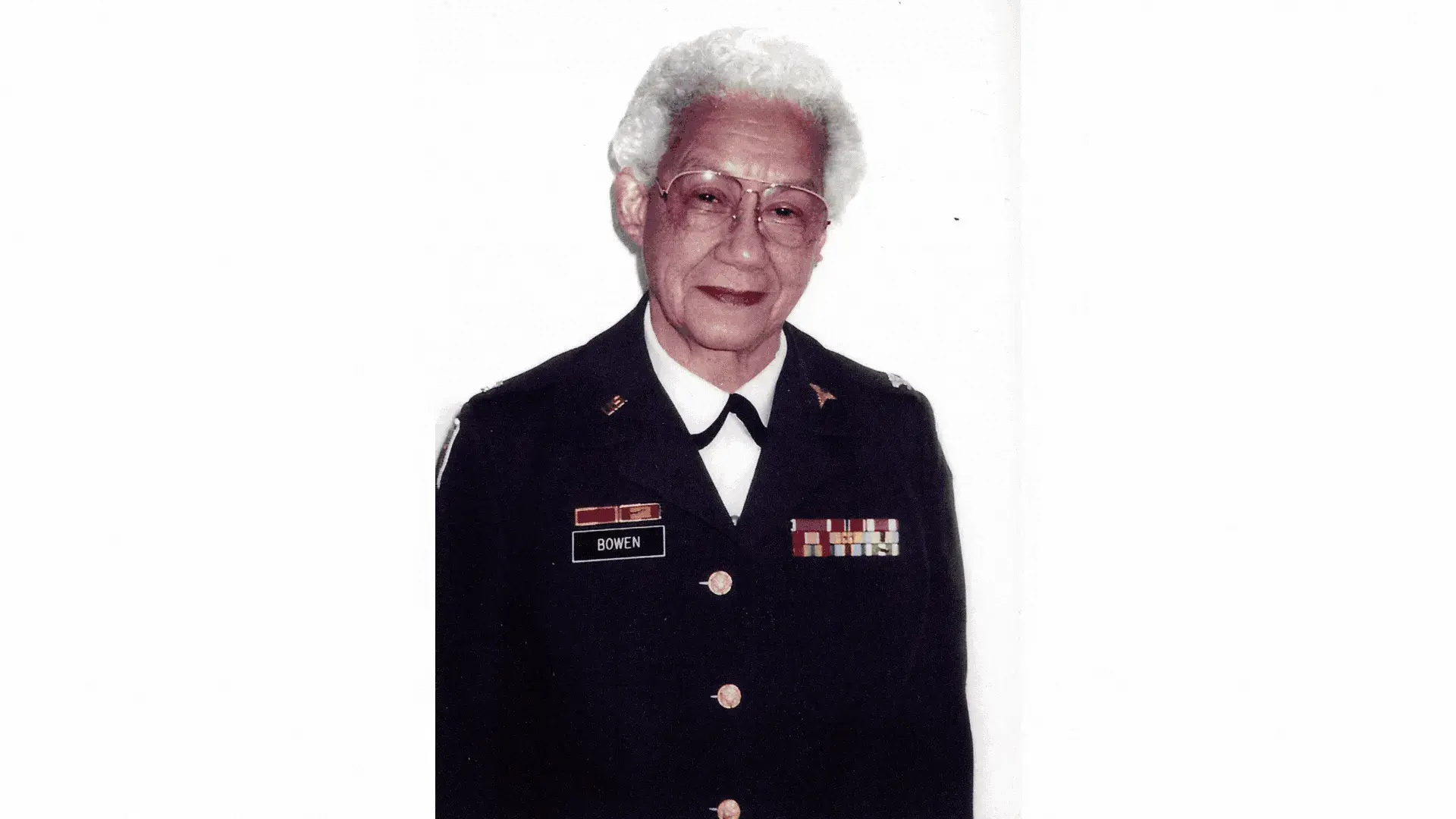 Clotilde Bowen, in her formal military attire, smiling.