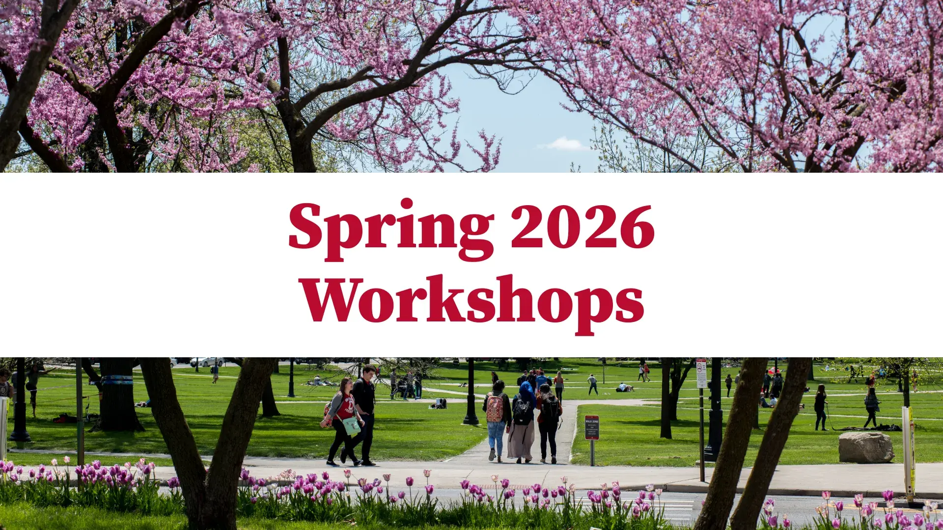 Spring 2026 Workshops text over a photo of a park with blooming pink trees and people walking, conveying a lively and hopeful spring atmosphere.