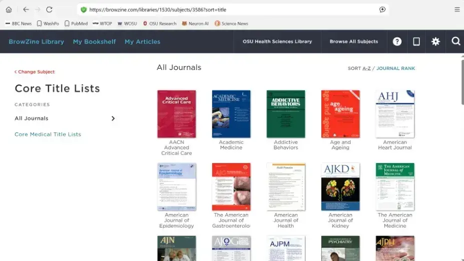 Webpage displaying a selection of journal covers under the section Core Title Lists